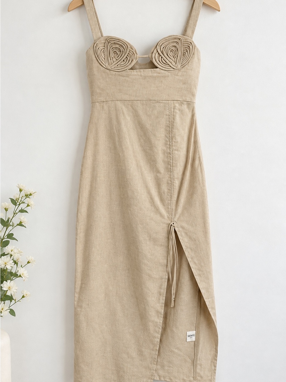 Showpo Beige Rosette Bust Midi Dress with Side Slit